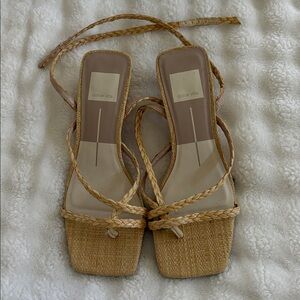 Dolce Vita Woven Straw Lace-Up Heeled Sandals in Natural Tan